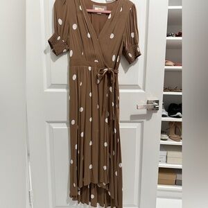 Elegant Brown Polka Dot Wrap Dress